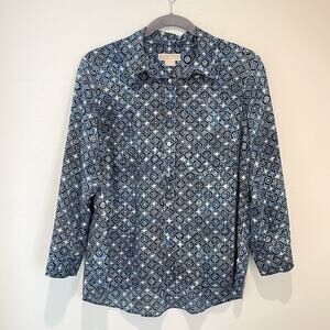 Michael Kors Blue Ikat Roll Tab Sleeve Button Up Top Womens Plus 2X Blouse